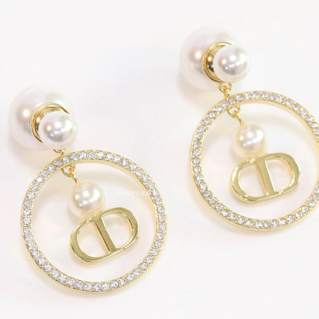 Pearl bomber studs with golden cz alphabet ring drop