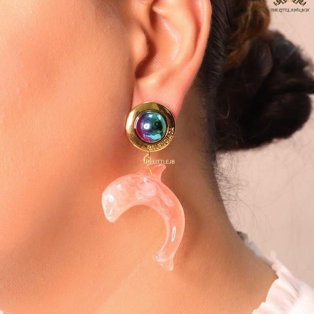 Pink dolphin earring with metallic shade stone