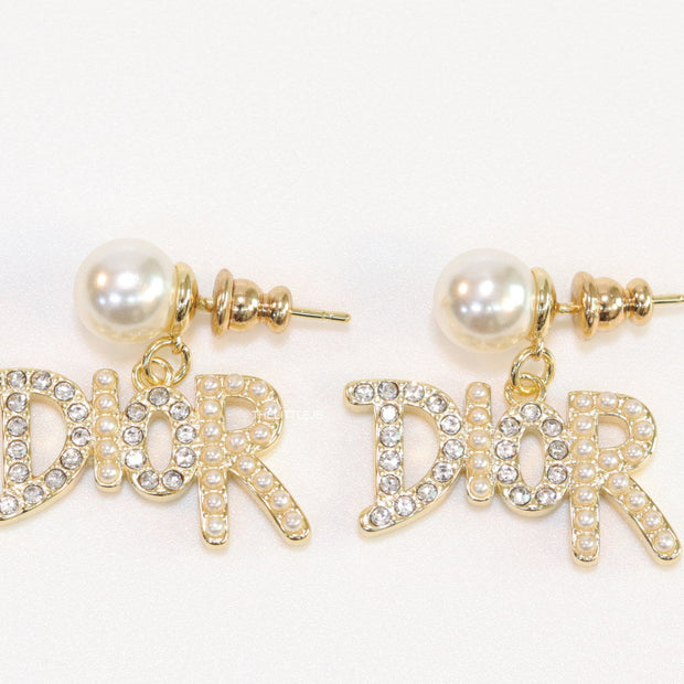 Gold plated pearl studs with cz alphabet drops