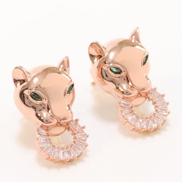 Rose gold panther face studs with cz baguette ring