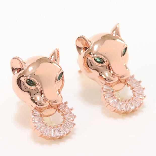 Rose gold panther face studs with cz baguette ring