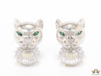 Platinum plated panther face studs with cz baguette ring