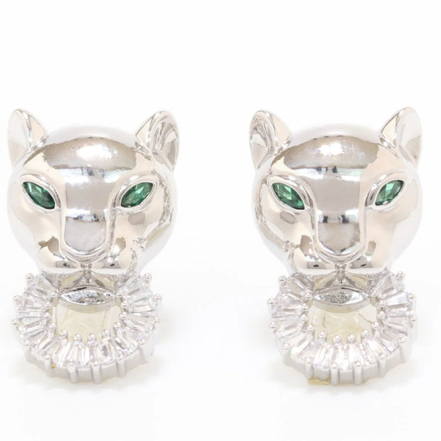Platinum plated panther face studs with cz baguette ring