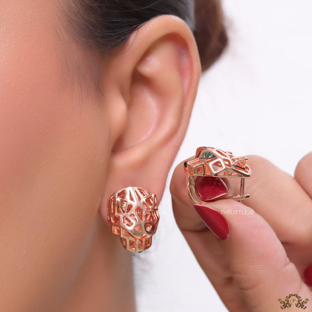 Rose gold plated panther face clip back studs in cutwork