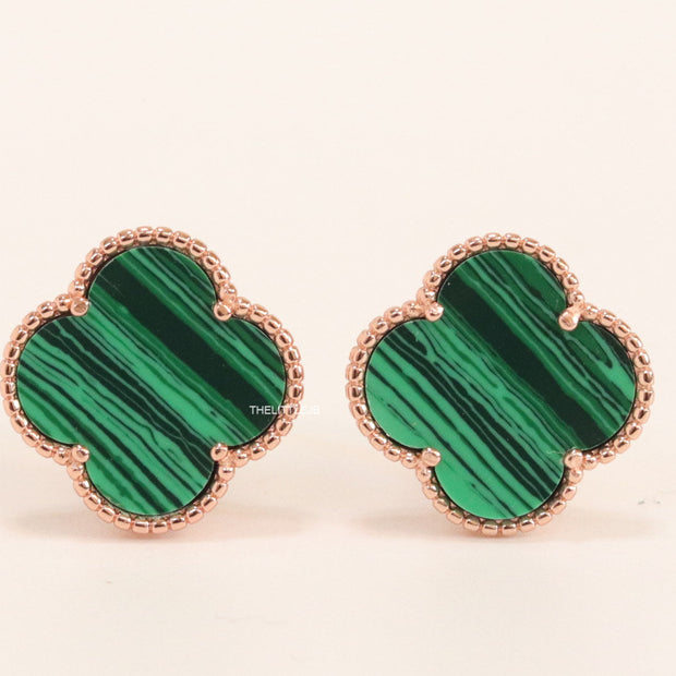 Malachite green clover stud earrings in rose gold plating