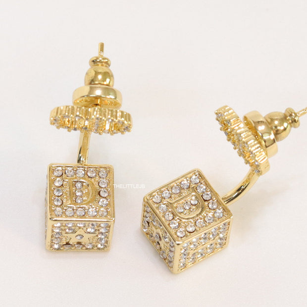 Golden cz tops with alphabet inscribed cz cube drops