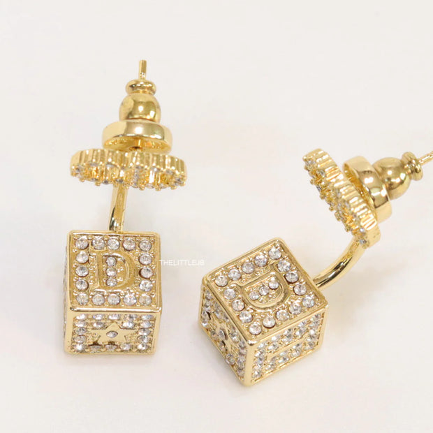 Golden cz tops with alphabet inscribed cz cube drops