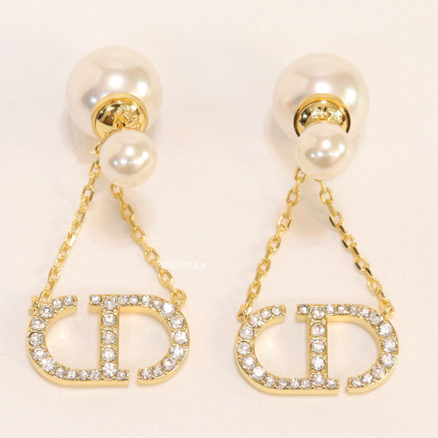 Pearl bomber earrings with cz alphabet initials in drop chains