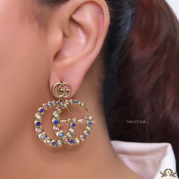 Multicolour twin G motif hanging earrings with twin G tops in gold plating