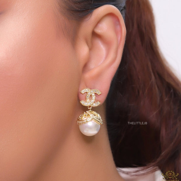 Gold plated twin C earrings in cz with cz capped pearl drop