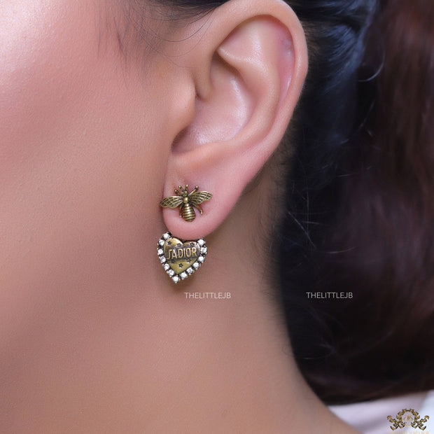 Antique golden bee earrings with alphabet inscribed heart shaped drop