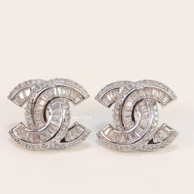 Platinum plated twin C motif cz baguette studs