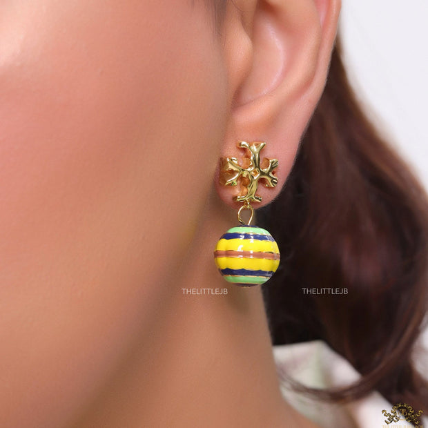 Enamel coated round drop earrings in gold plating