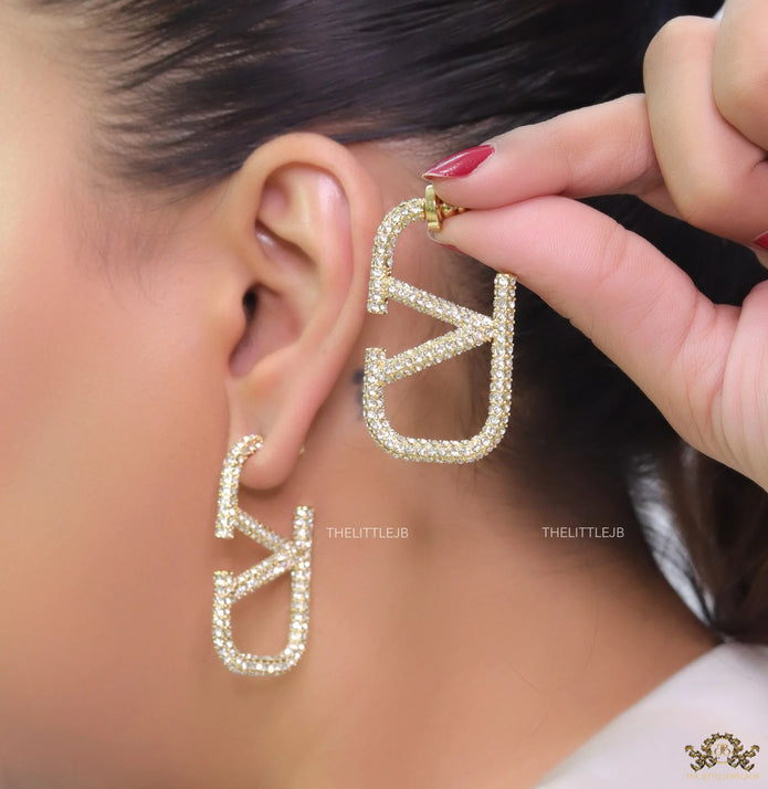 Alphabet V open hoop earrings with cz 45 mm