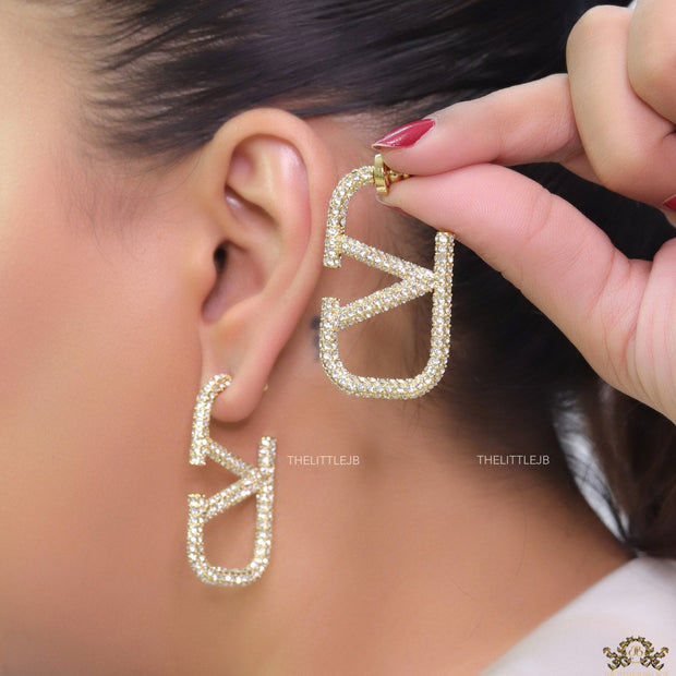 Alphabet V open hoop earrings with cz 45 mm