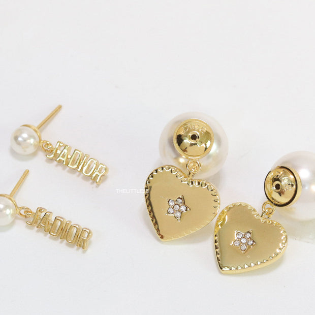 Golden heart earrings with detachable pearl bomber and alphabet tops