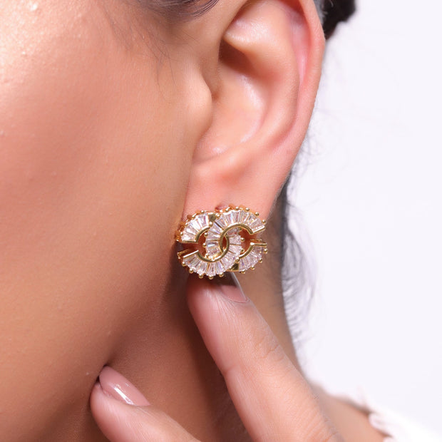 Gold plated twin C motif cz baguette studs
