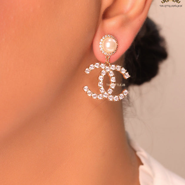 Dainty cz and pearl earrings with double C