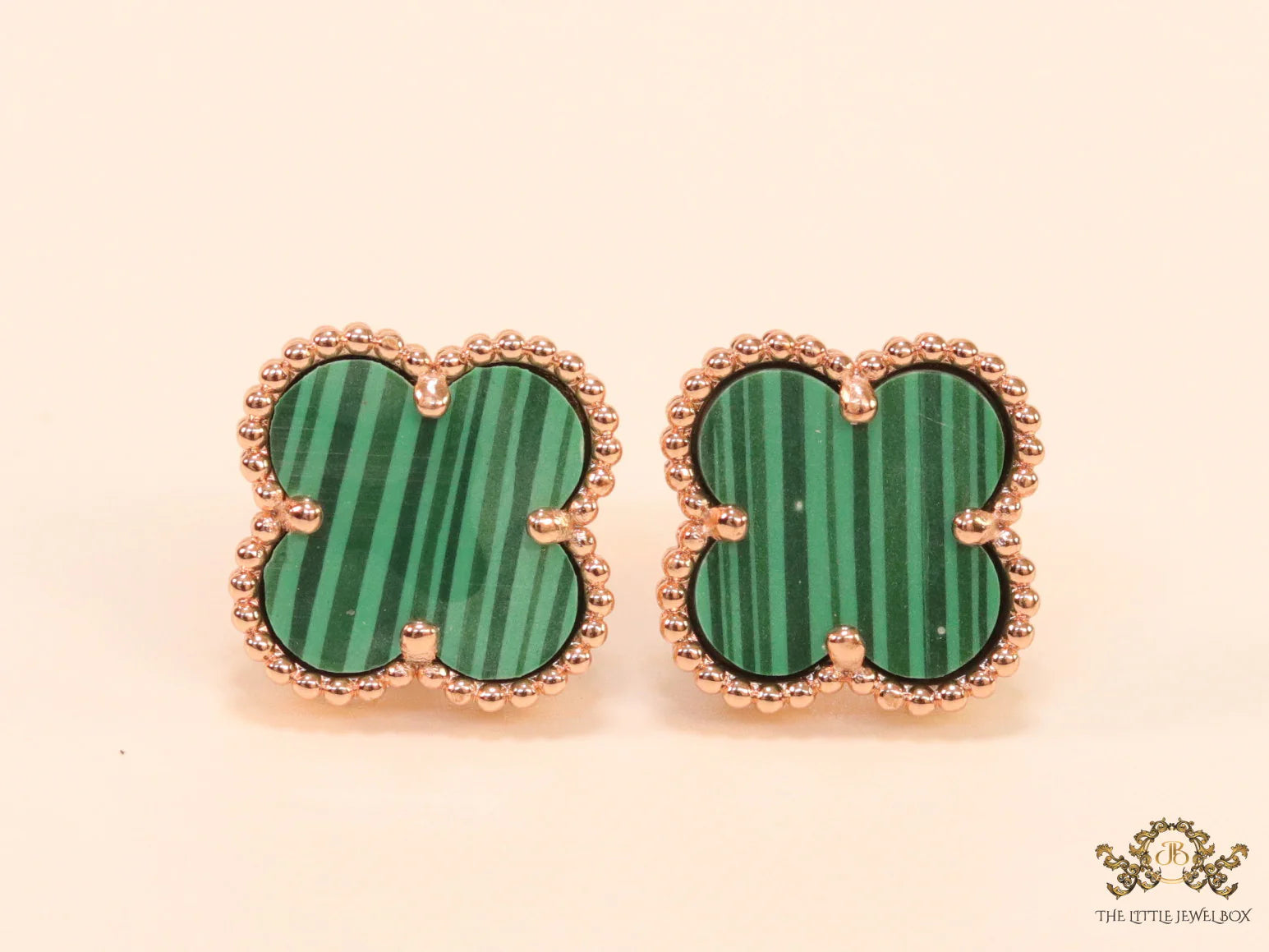 Malachite green clover stud earrings in rose gold finish