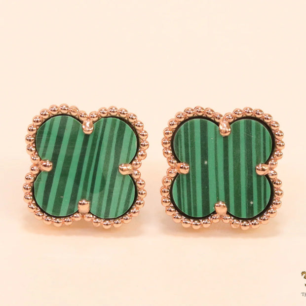 Malachite green clover stud earrings in rose gold finish