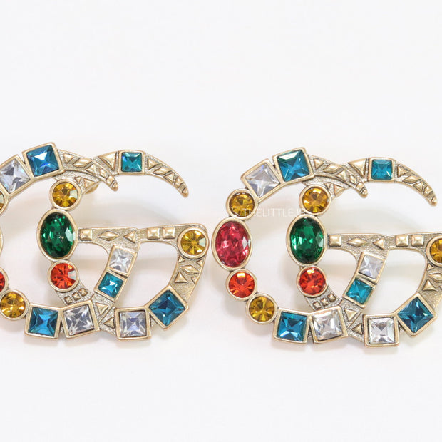 Double G golden earrings with multicolor cz stones