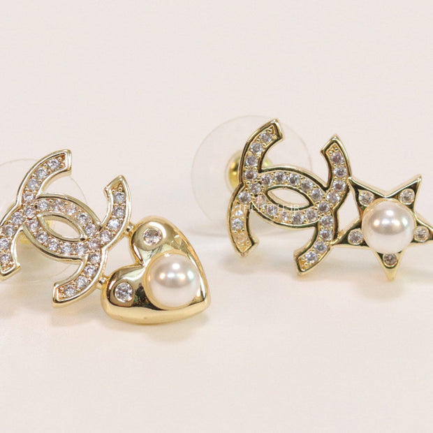 Gold plated double C earrings with pearl heart and star
