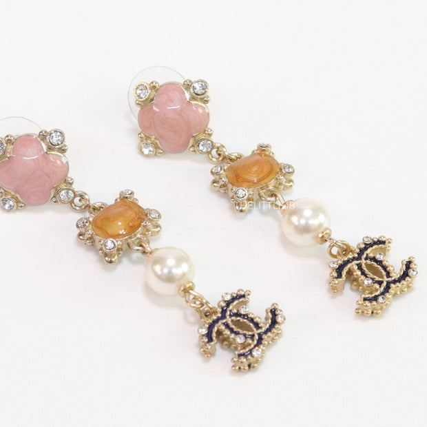 Double C dangles with pink, orange stones, pearls and cz