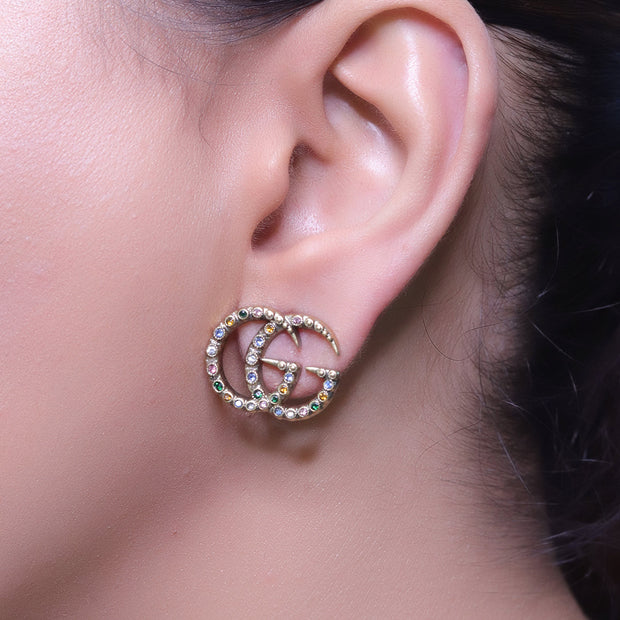 Antique gold plated twin G motif studs with multicoloured stones