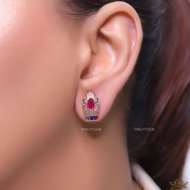 Rose gold plated serpentine head stud earrings with multi color cz