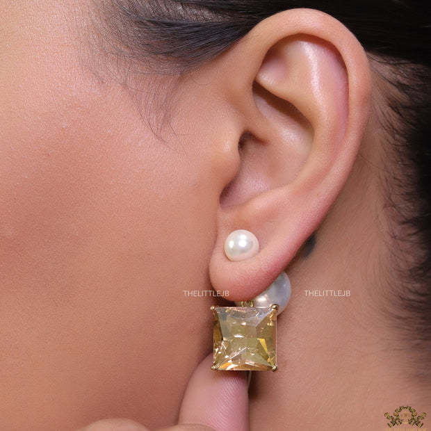 Pearl and color cz drop earrings in gold finish with alphabets