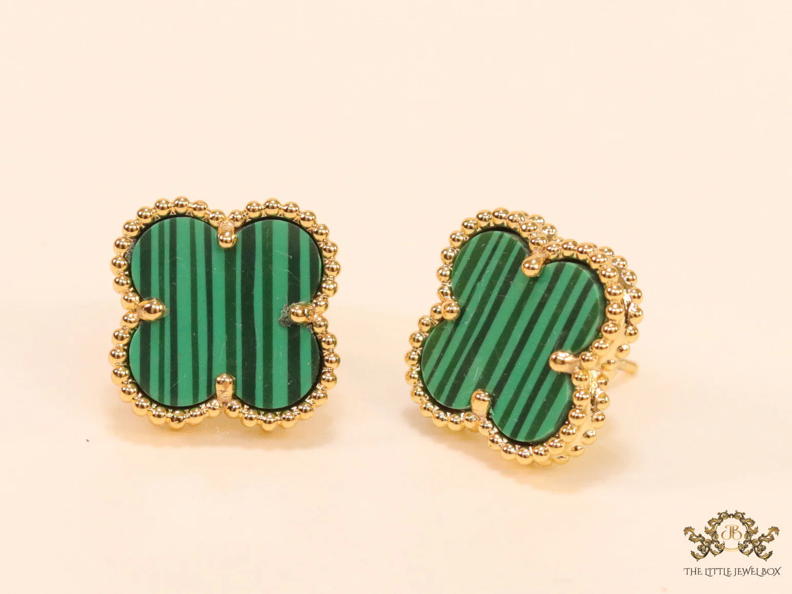 Malachite green clover stud earrings in gold finish