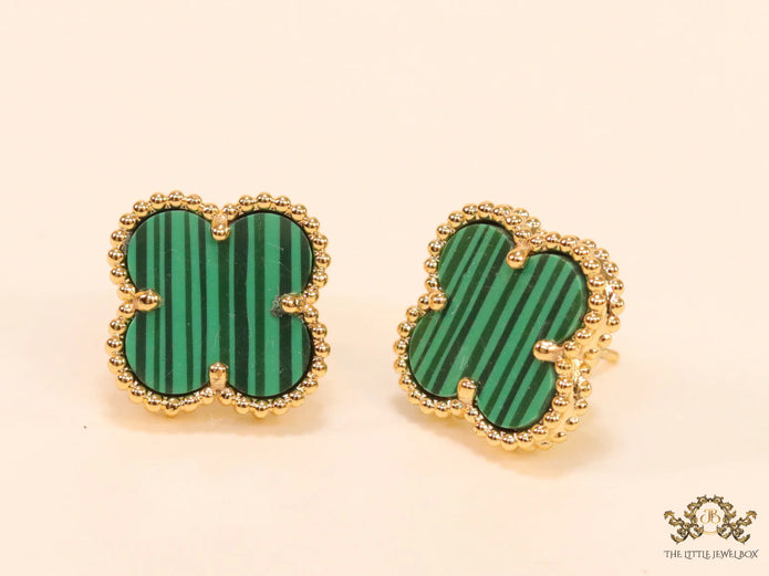 Malachite green clover stud earrings in gold finish