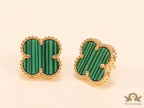 Malachite green clover stud earrings in gold finish