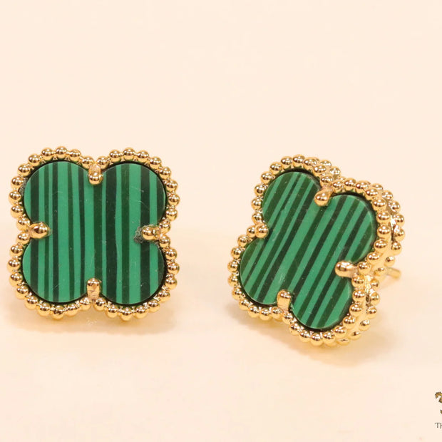 Malachite green clover stud earrings in gold finish
