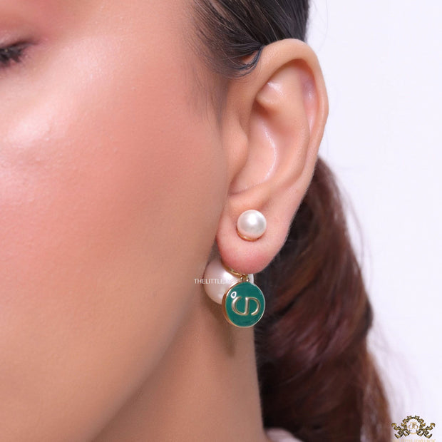 Golden pearl bomber earrings with green alphabet drop