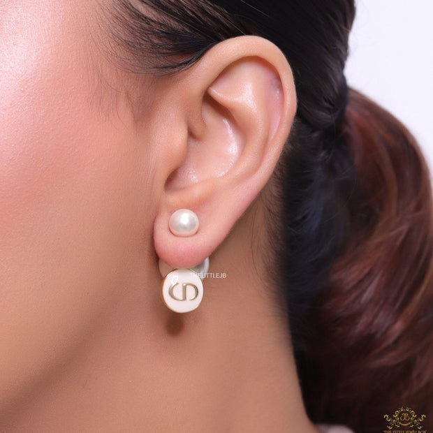 Golden pearl bomber earrings with MOP alphabet drop