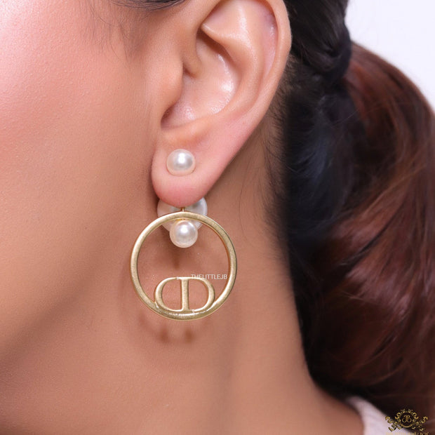 Pearl bomber earrings with golden alphabet ring drop