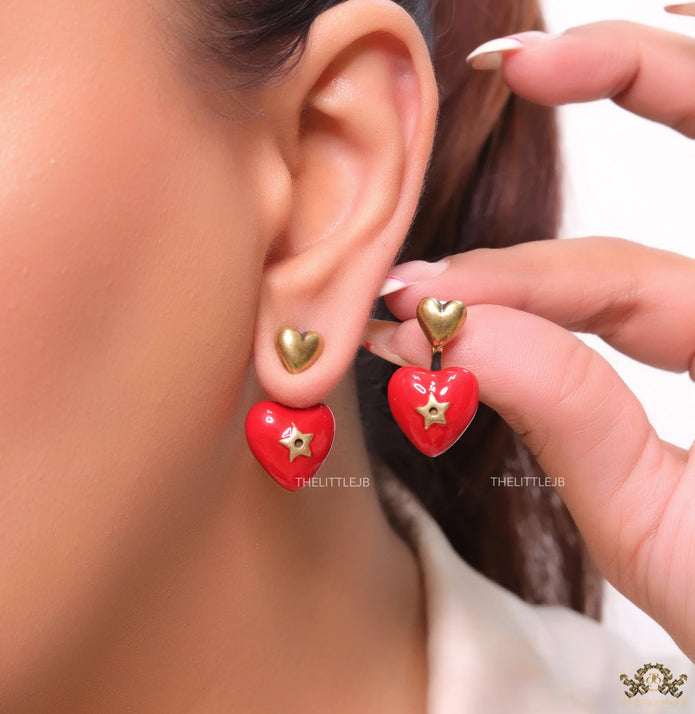Golden and red detachable studs with twin hearts