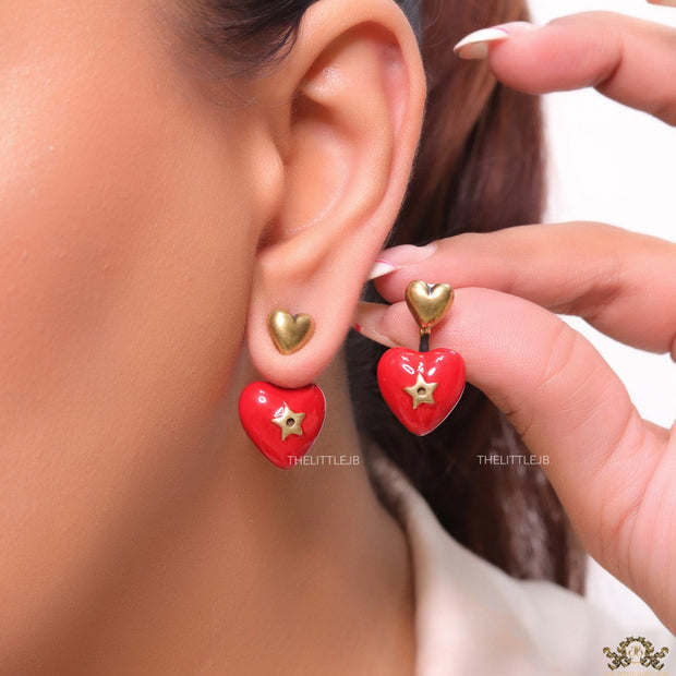 Golden and red detachable studs with twin hearts
