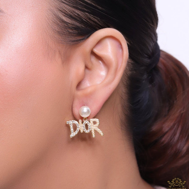 Gold plated pearl studs with cz alphabet drops