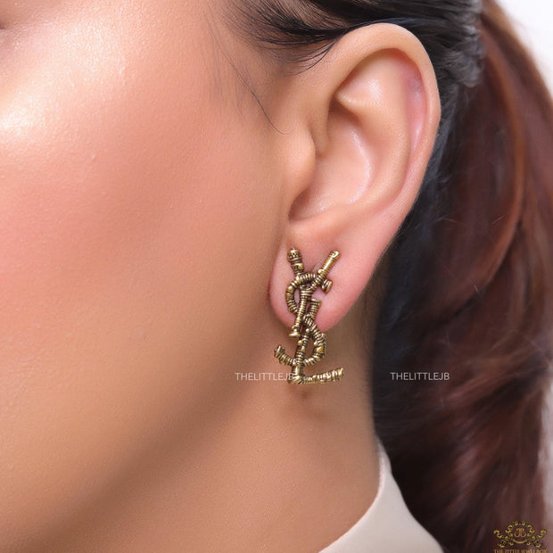 Antique Gold plated alphabet studs with woven texture