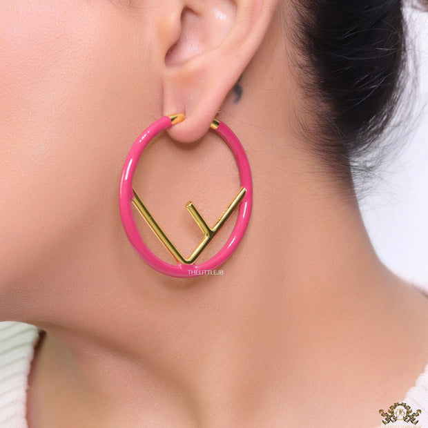51mm magenta hoop earrings with golden alphabet
