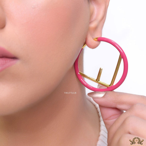 51mm magenta hoop earrings with golden alphabet