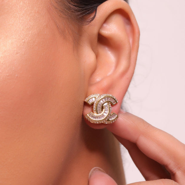 Gold plated twin C motif cz baguette studs