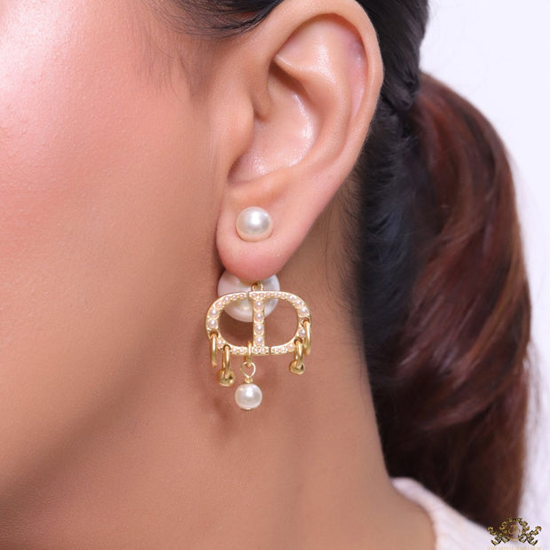 Pearl bomber studs with charm studded cz alphabets