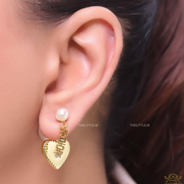 Golden heart earrings with detachable pearl bomber and alphabet tops