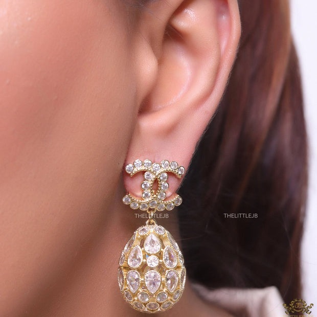Golden twin C cz earrings with fancy cz lobe shape drops