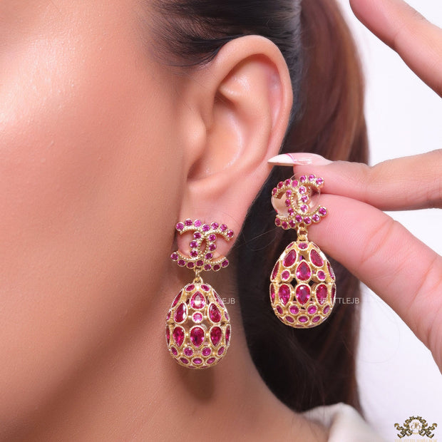 Golden twin C  red cz earrings with fancy cz lobe shape drops