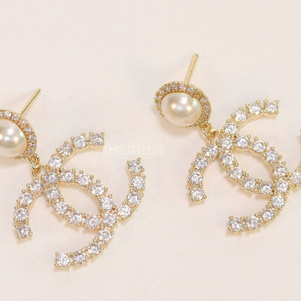 Dainty cz and pearl earrings with double C