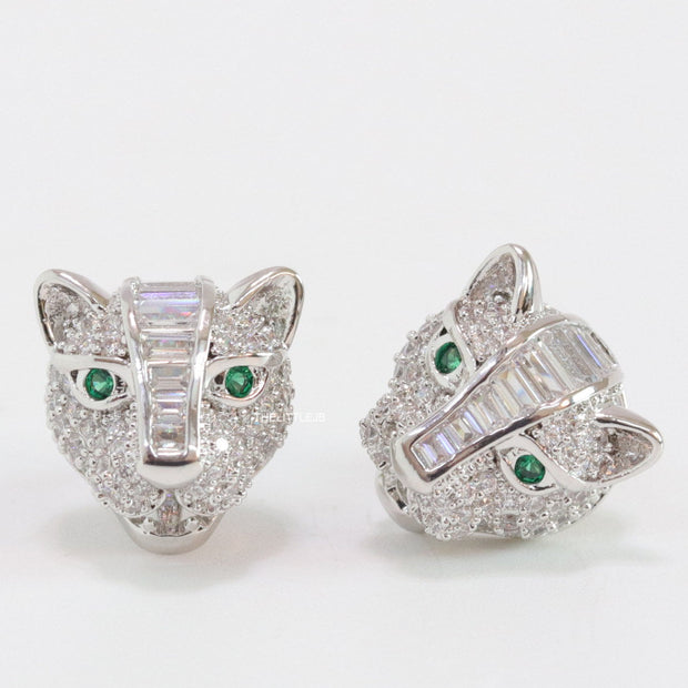 Cz panther stud earrings in platinum finish and emerald green eyes